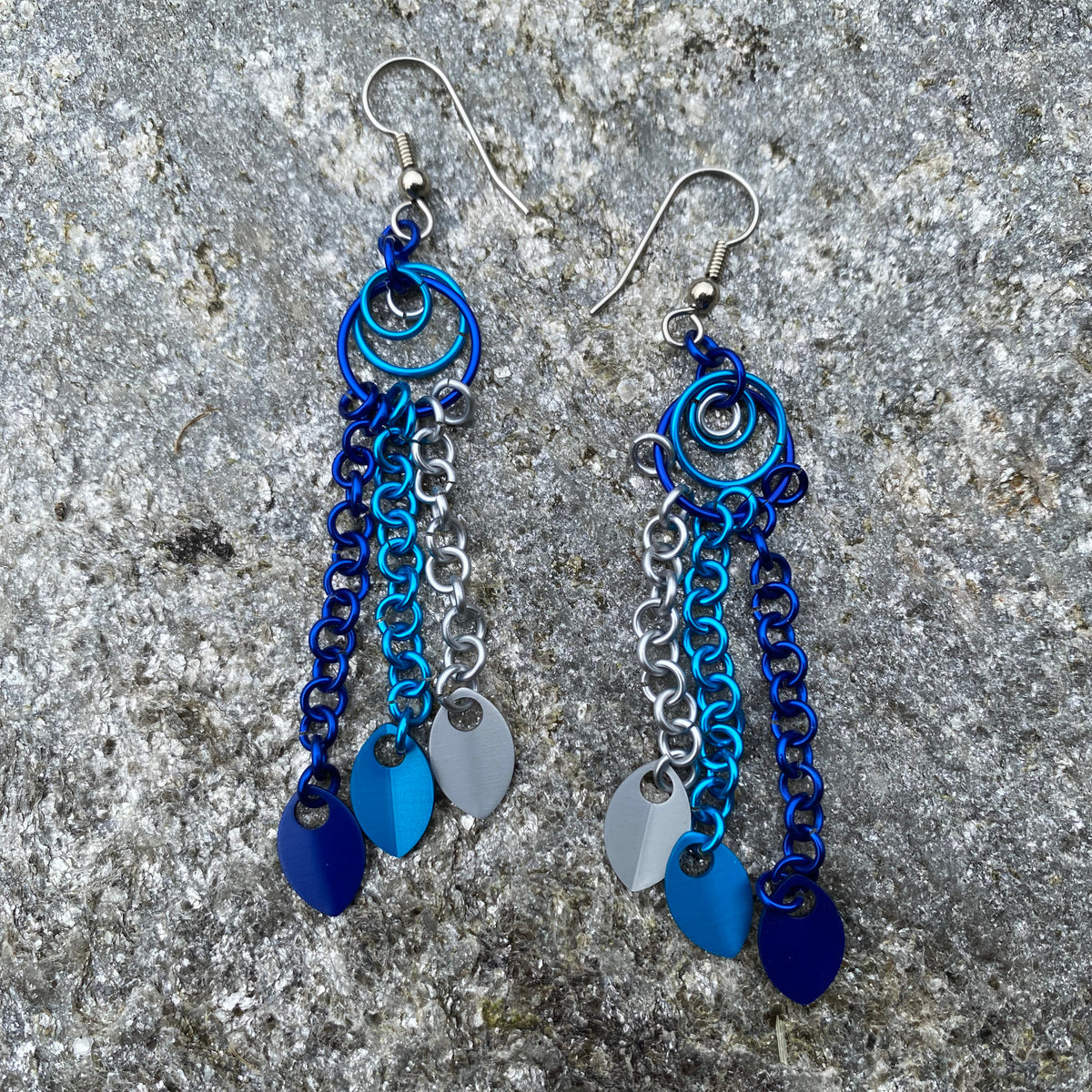 Dark blue, blue and silver jump rings and dragon scales earrings on shepherd's hook stainless steel ear wires