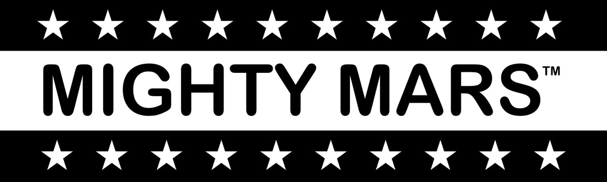 Mighty Mars text with white stars on a black and white background